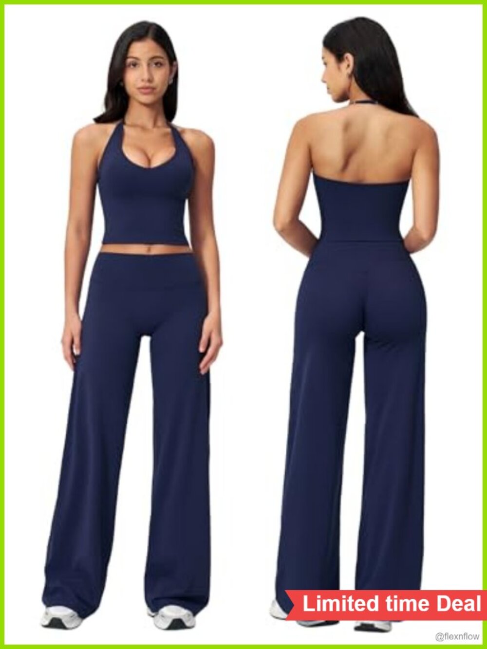 Women 2 Piece Workout Set Halter Crop Tank Wide Leg Leggings